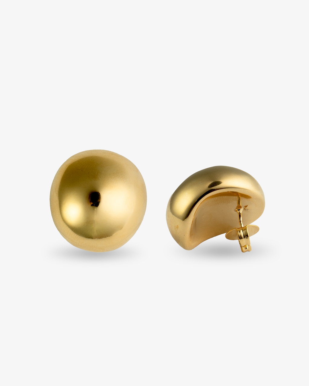 Gold round dome stud earrings, alone close-up product shot of the pair from an angled view.