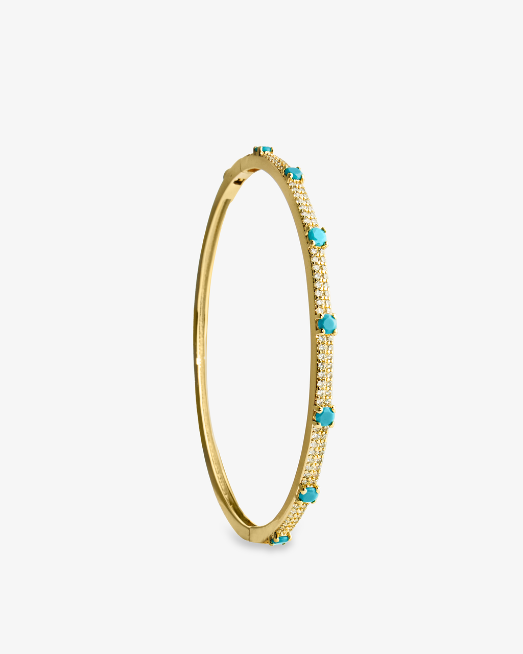 Gold thin bangle bracelet with colored stone detailing, alone product shot from another angle.