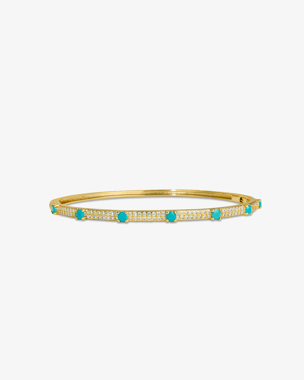 Gold thin bangle bracelet with teal simulated diamond stone detailing, alone product shot on a plain background.