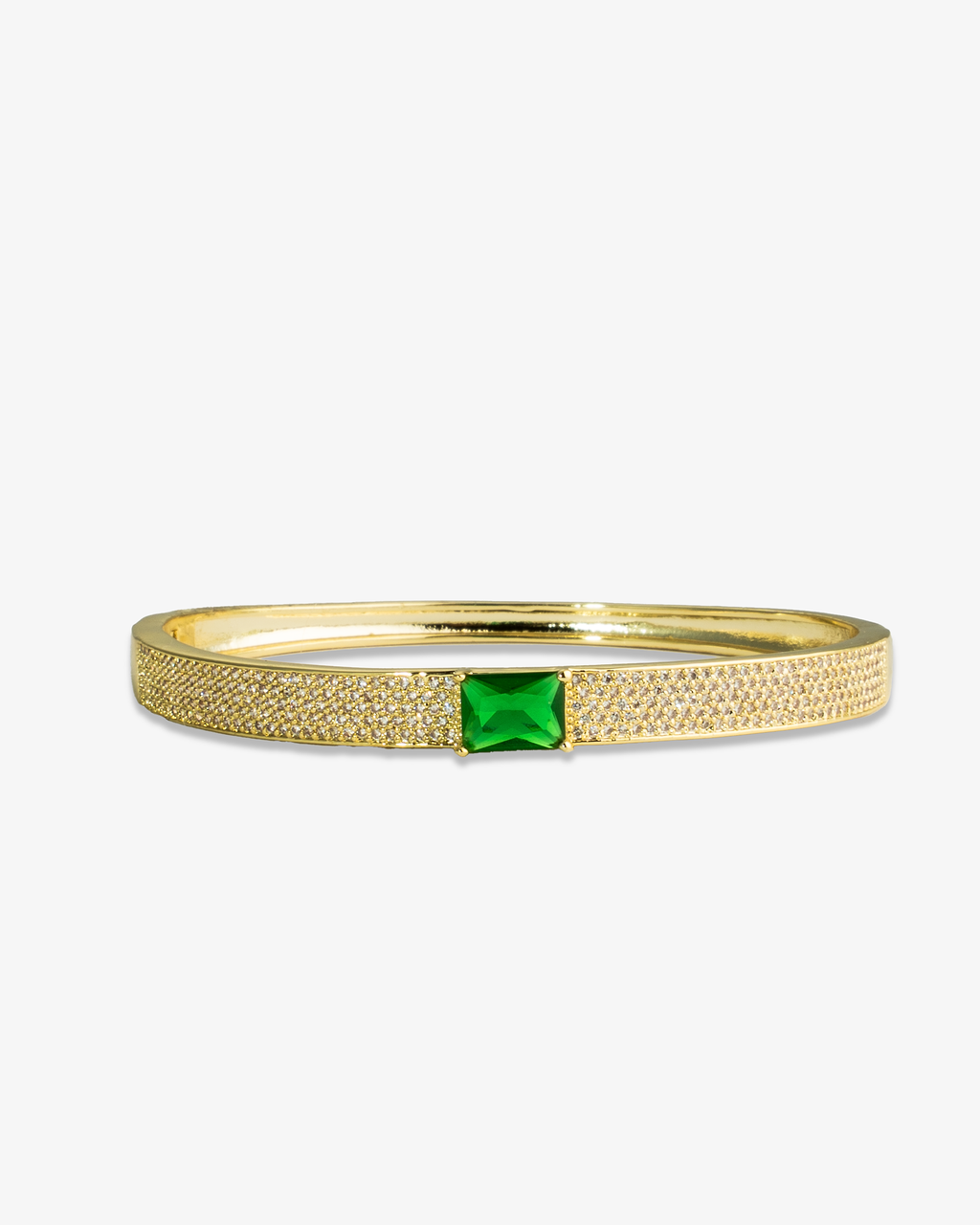 Silver pave bangle bracelet with a single clear simulated diamond stone, alone product shot on a plain background.