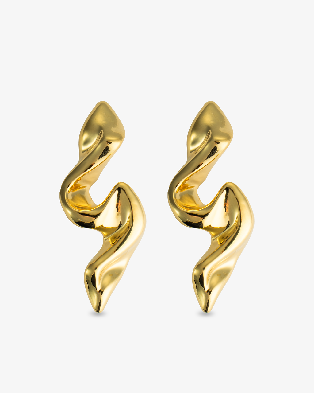 Gold organic sculptural spiral statement drop earrings, alone product shot of the pair on a plain background.