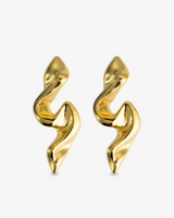 Gold organic sculptural spiral statement drop earrings, alone product shot of the pair on a plain background.