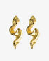 Gold organic sculptural spiral statement drop earrings, alone product shot of the pair on a plain background.