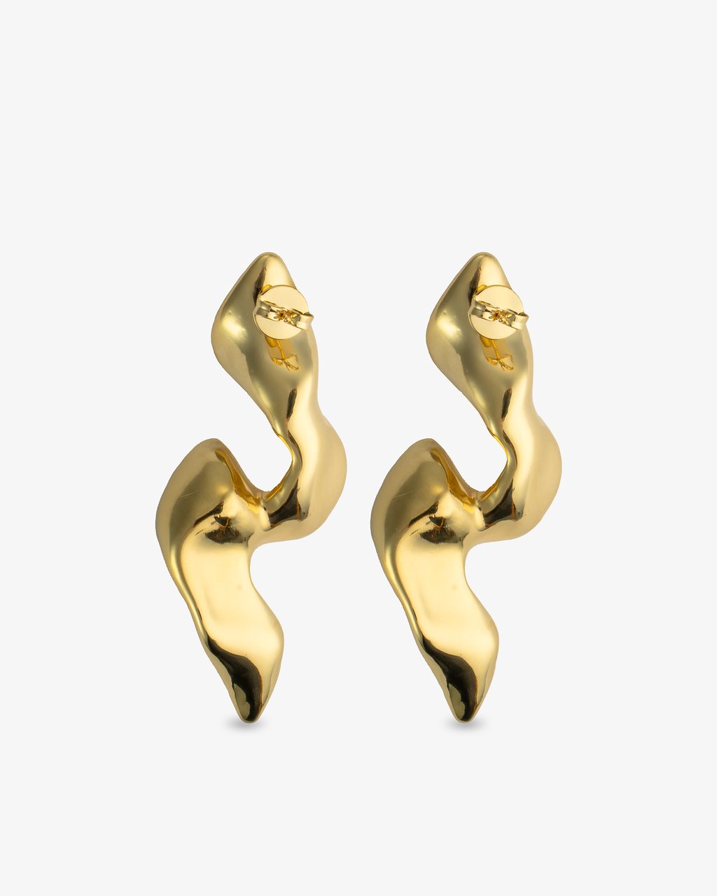 Gold organic sculptural spiral statement drop earrings, alone product shot of the pair from a different angle.