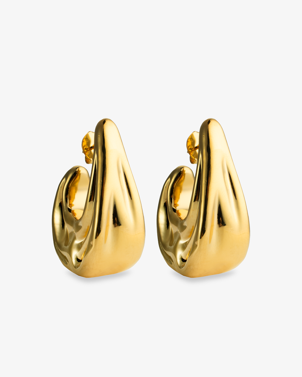 Gold chunky open hoop earrings, alone product shot of the pair from a different angle.