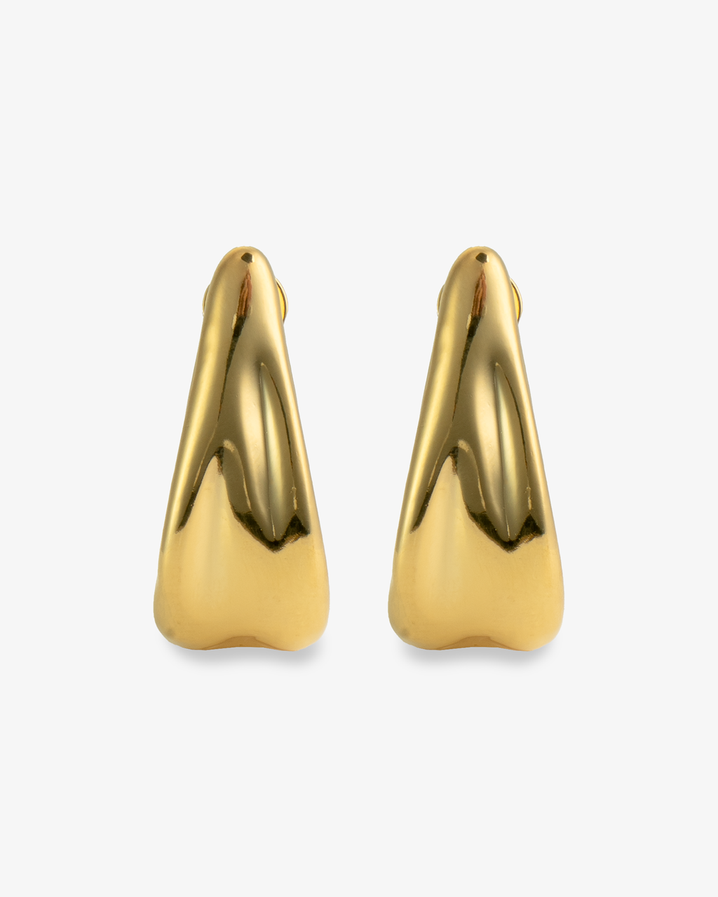 Gold chunky teardrop-shaped open hoop earrings, alone close-up product shot of the pair.