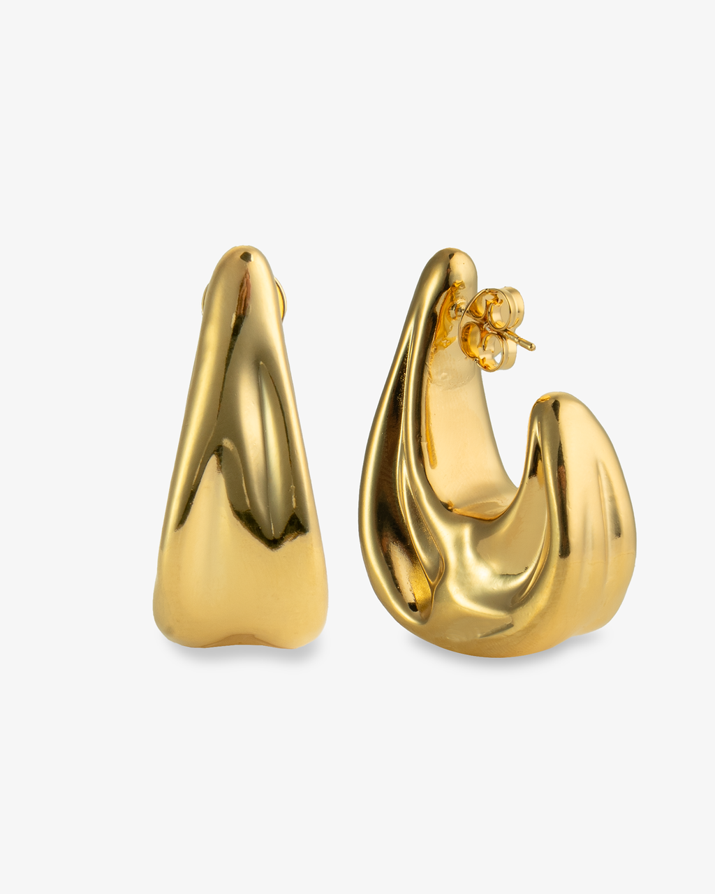 Gold chunky open hoop earrings, one teardrop-shaped and one curved, alone product shot of the pair on a plain background.