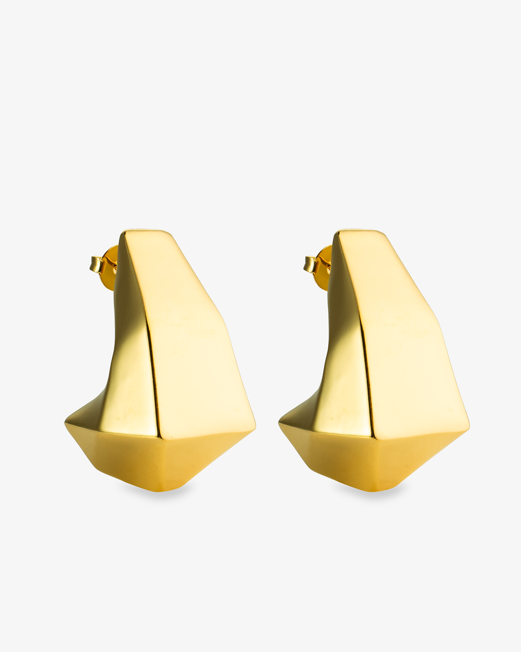 Gold geometric chunky faceted hoop earrings, alone product shot of the pair from a different angle.