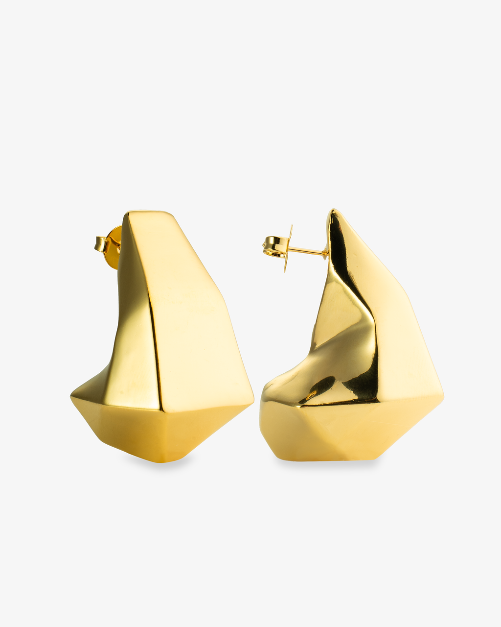 Gold geometric chunky faceted hoop earrings, alone product shot of the pair on a plain background.