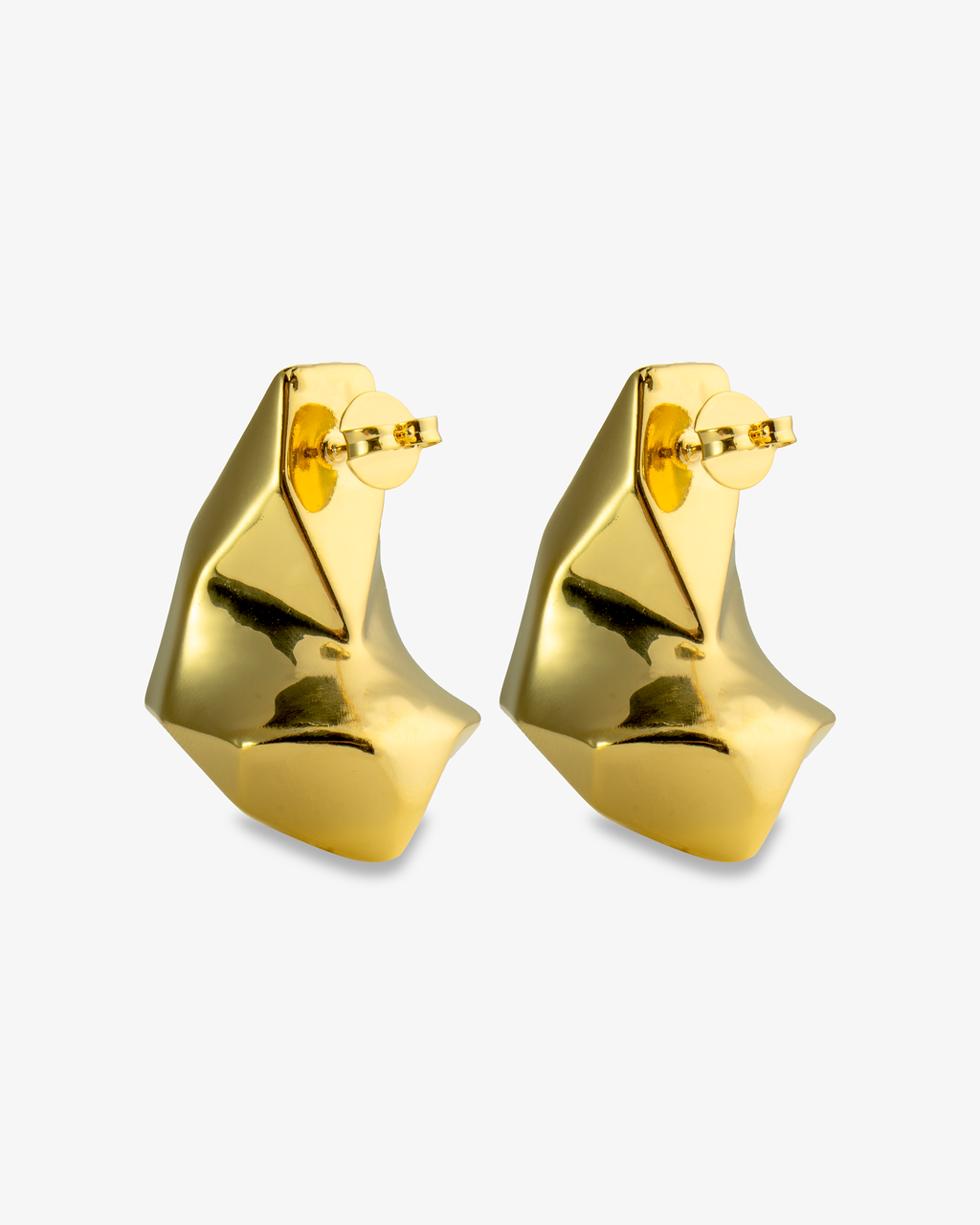 Gold geometric chunky faceted hoop earrings, alone product shot of the pair from another angle.