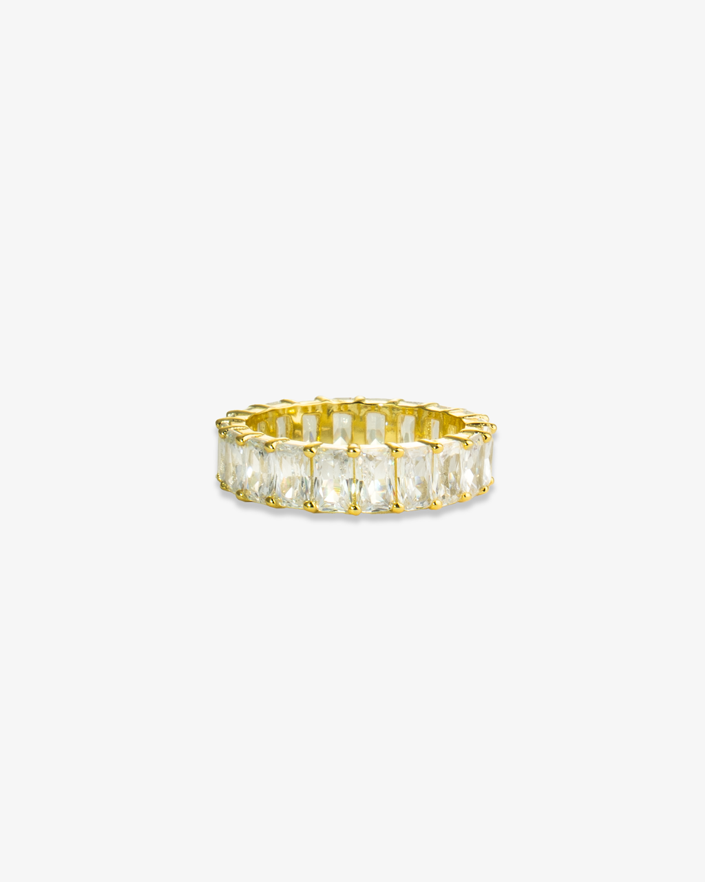 Gold baguette simulated diamond eternity ring, alone product shot on a plain background.
