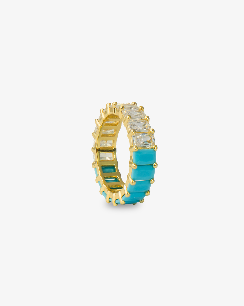 Gold eternity band ring with turquoise simulated diamond stones, alone product shot from a different angle.
