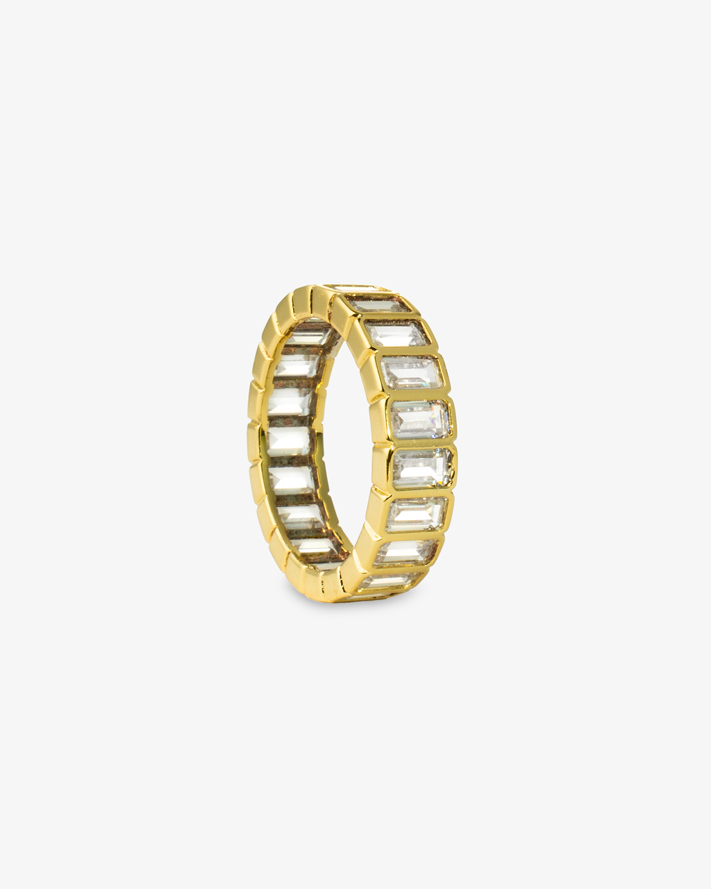 Gold baguette simulated diamond eternity ring, alone product shot from a top-down circular angle.