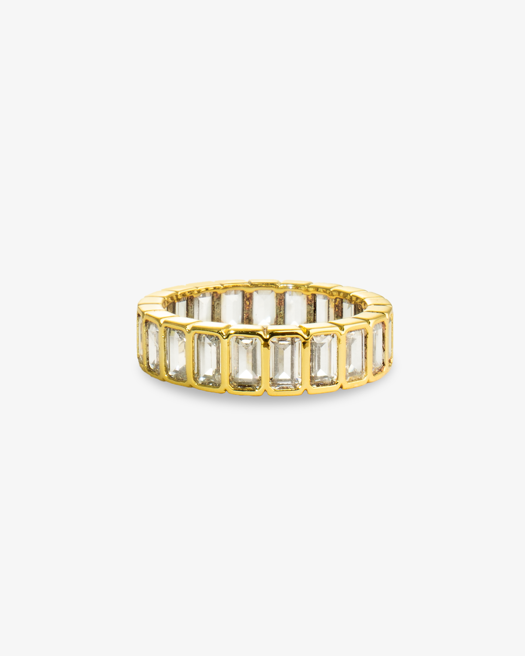 Gold baguette simulated diamond eternity ring with an open cage-style band, alone product shot on a plain background.