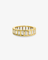 Gold baguette simulated diamond eternity ring with an open cage-style band, alone product shot on a plain background.