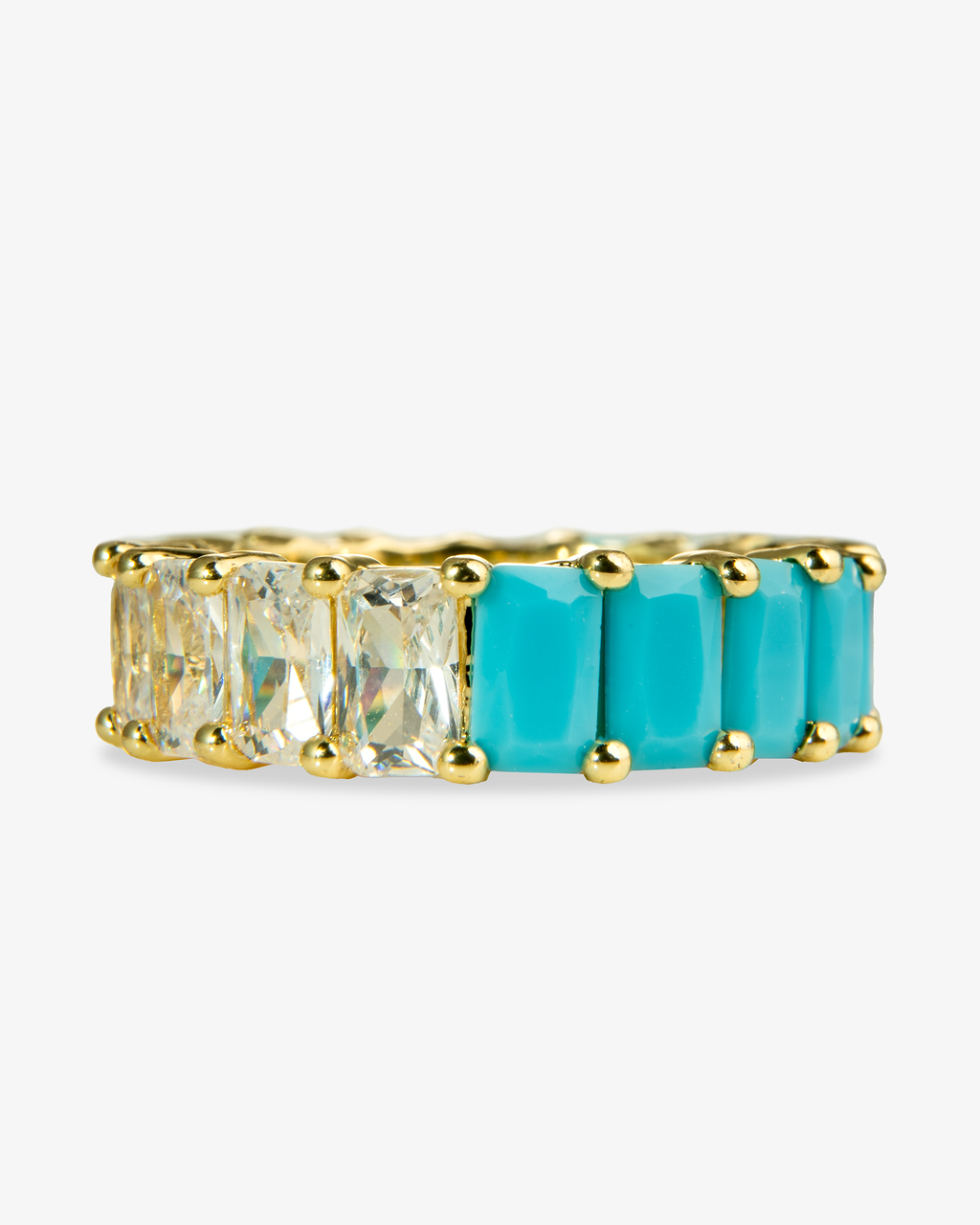 Gold eternity band ring with turquoise simulated diamond stones, alone close-up product shot from a curved open angle.