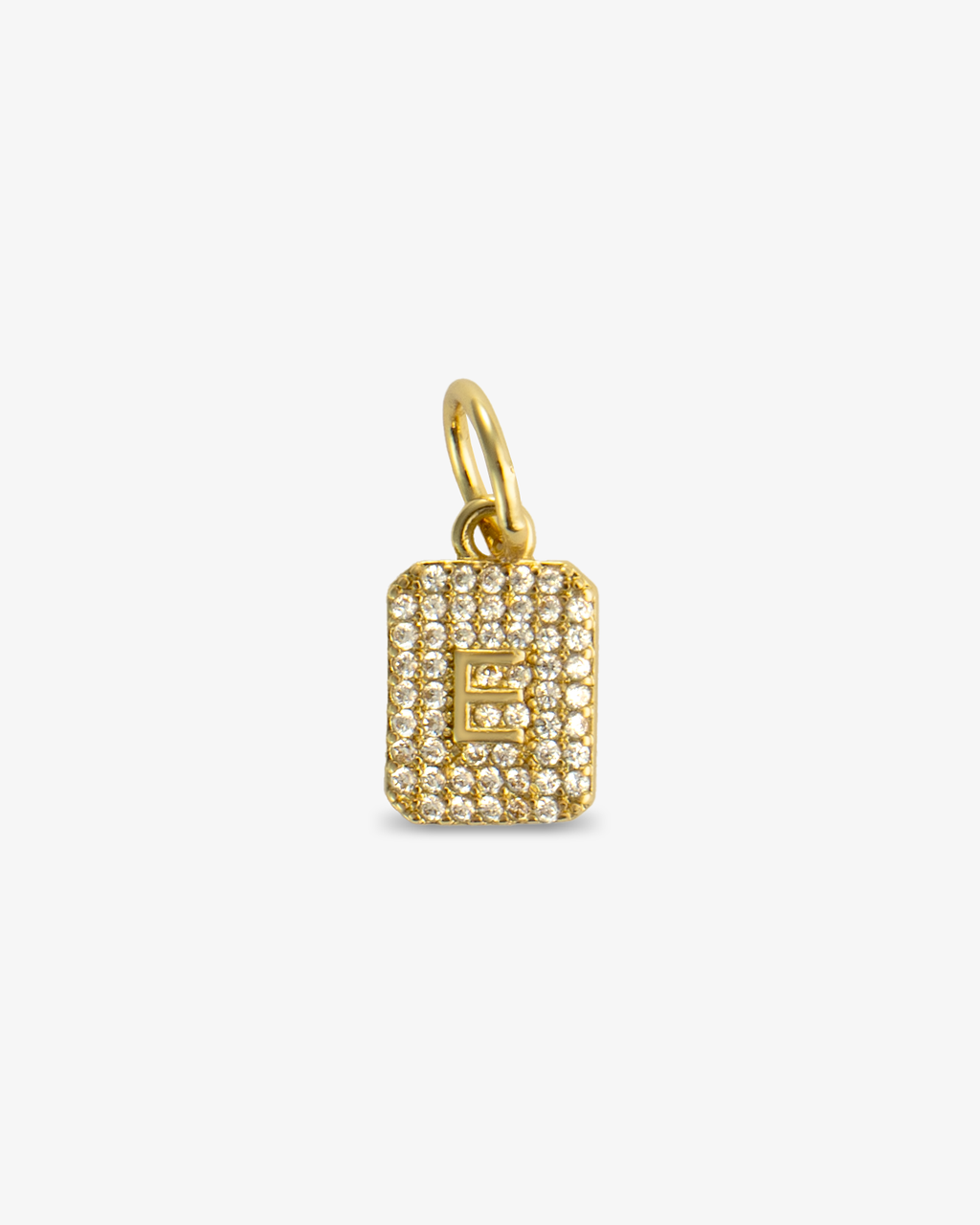 Gold pave simulated diamond initial letter pendant charm, alone close-up product shot.