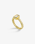 Gold ring with a clear emerald-cut simulated diamond center stone and pave band, alone product shot from a different angle.