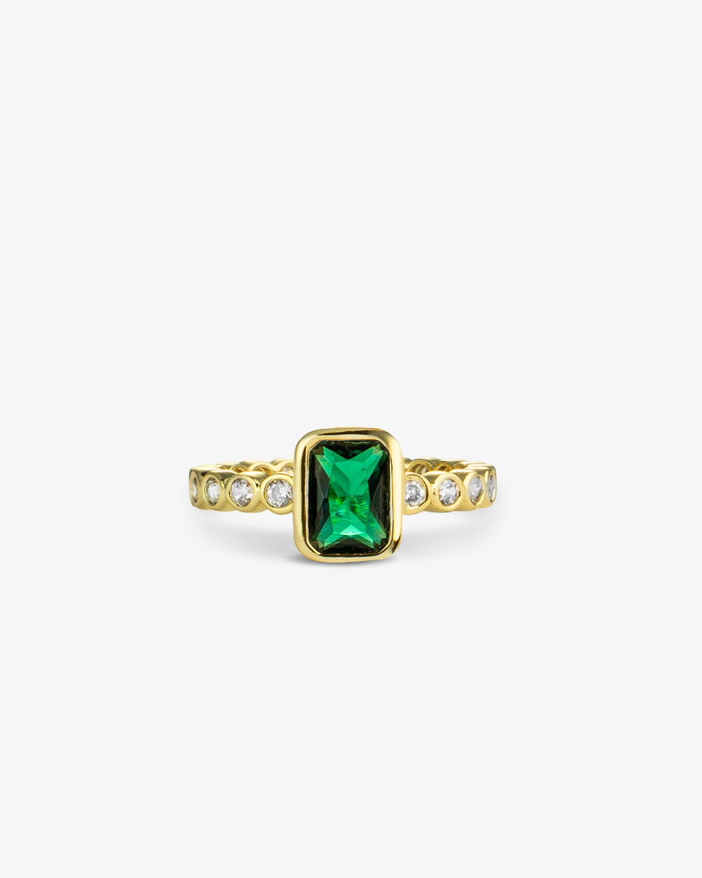 Gold ring with a green emerald-cut simulated diamond center stone and pave band, alone close-up product shot.