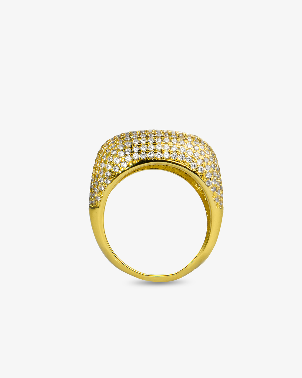Gold wide band pave simulated diamond ring, alone close-up product shot from a side profile.