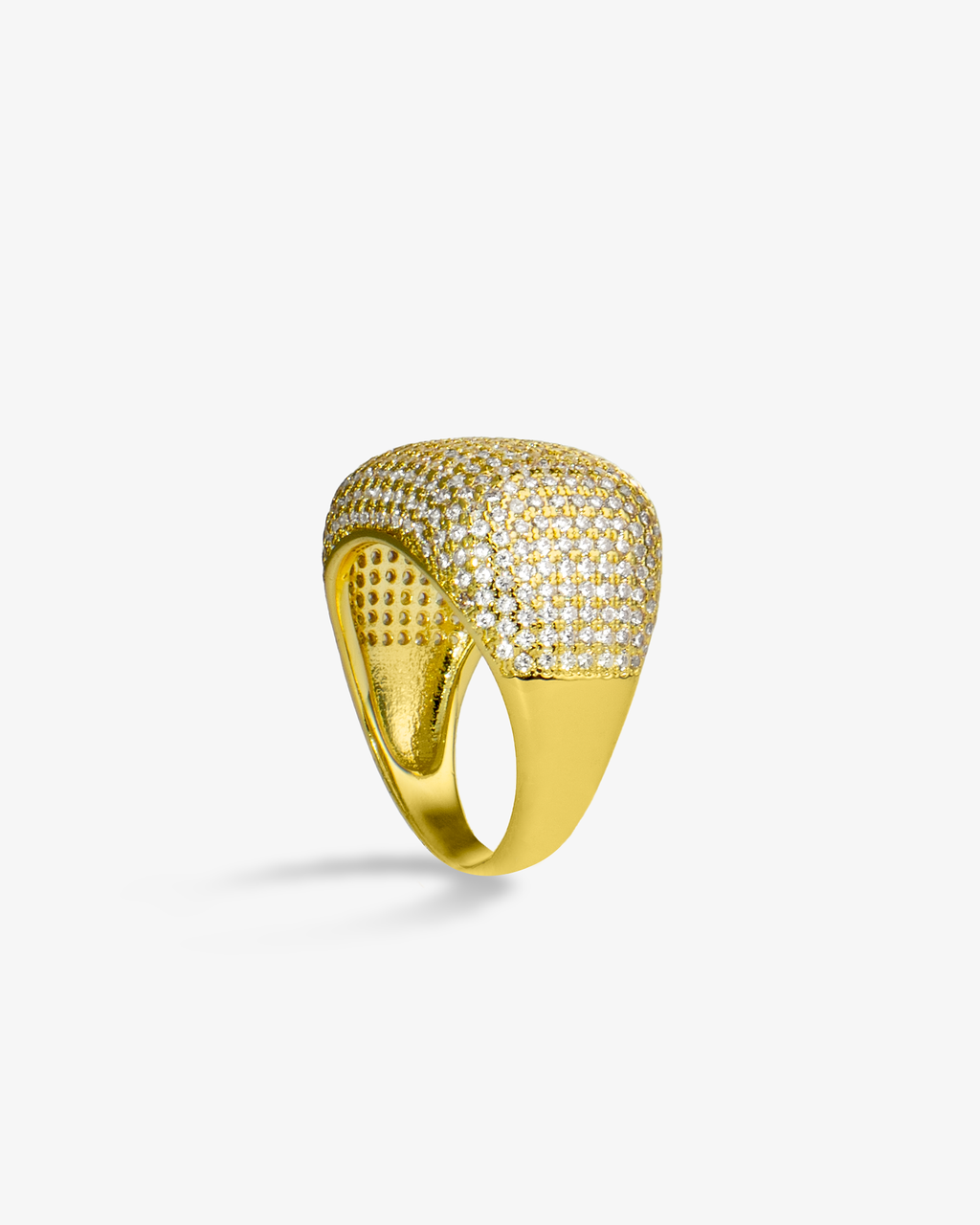 Gold wide band pave simulated diamond ring, alone product shot on a plain background.