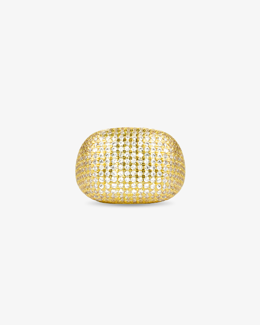 Gold wide band pave simulated diamond ring, alone product shot from a top-down angle.