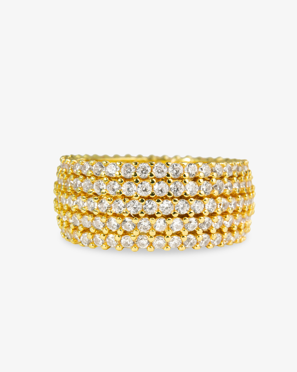 Gold chunky pave simulated diamond band ring, alone product shot from a different angle.