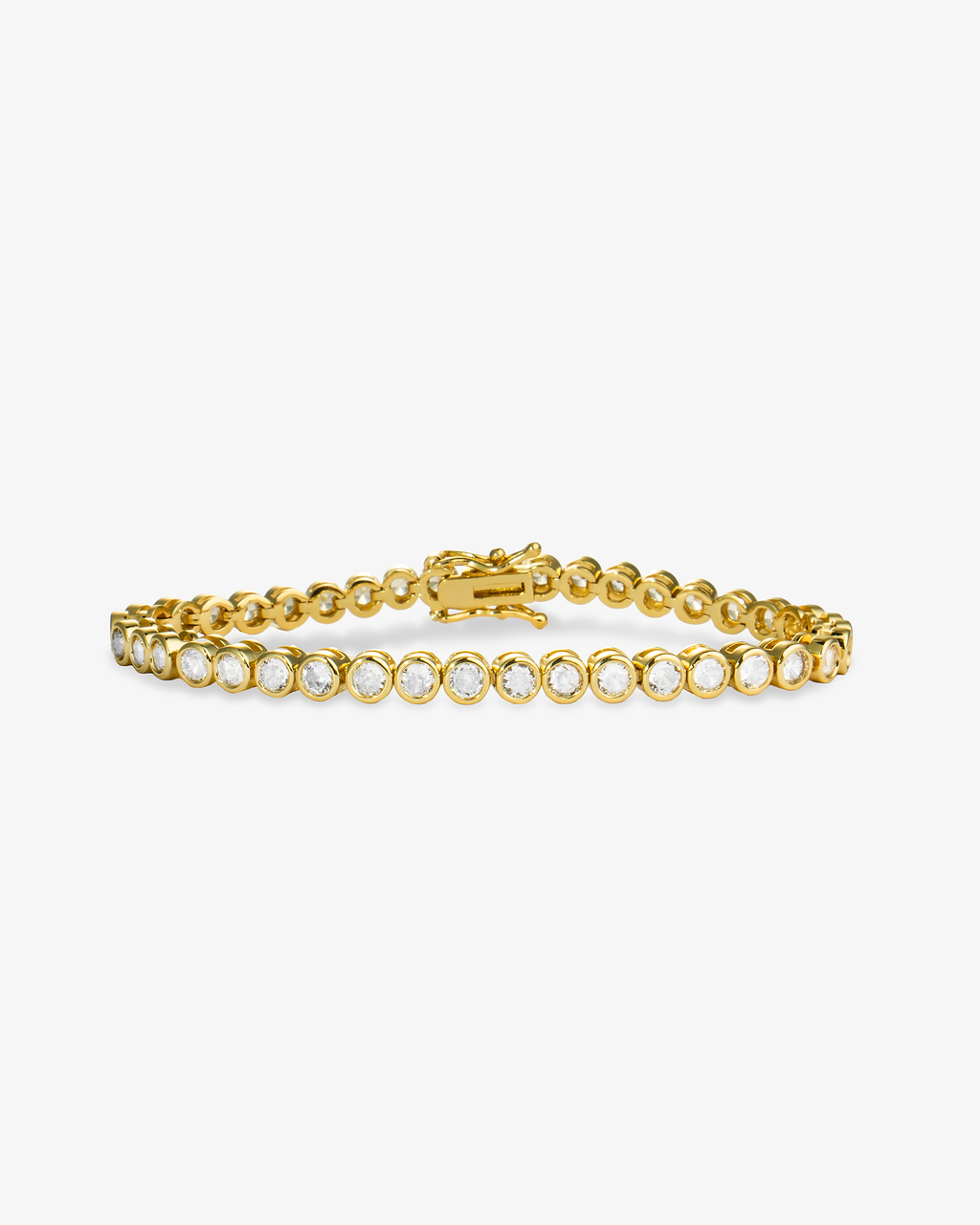 Gold round bezel-set simulated diamond tennis bracelet, alone product shot on a plain background.