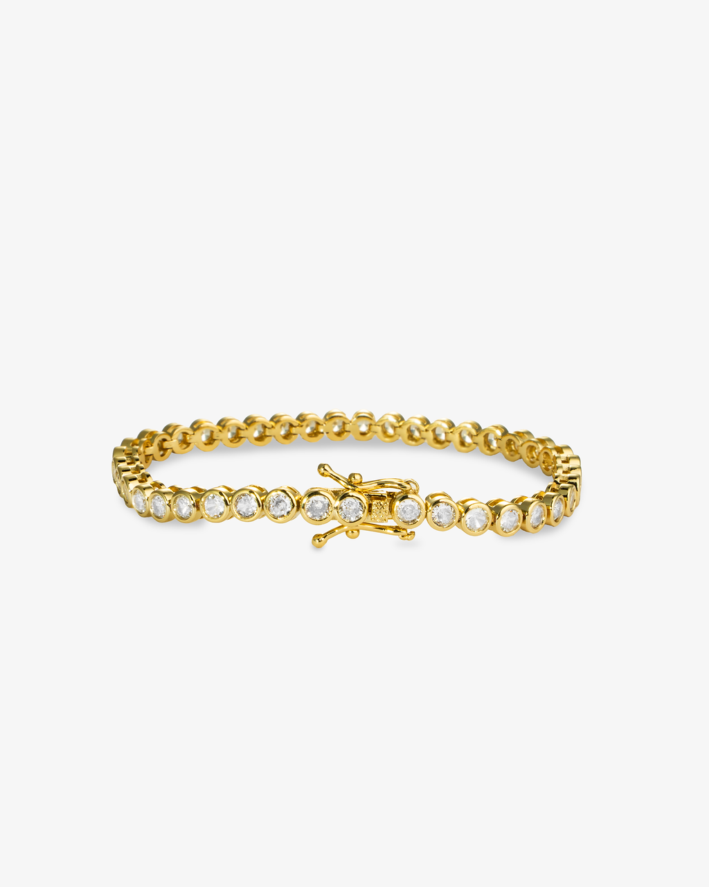 Gold round bezel-set simulated diamond tennis bracelet, alone product shot from a different angle.