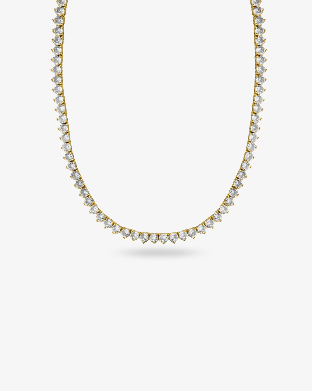 Gold round simulated diamond tennis necklace, alone product shot on a plain background.