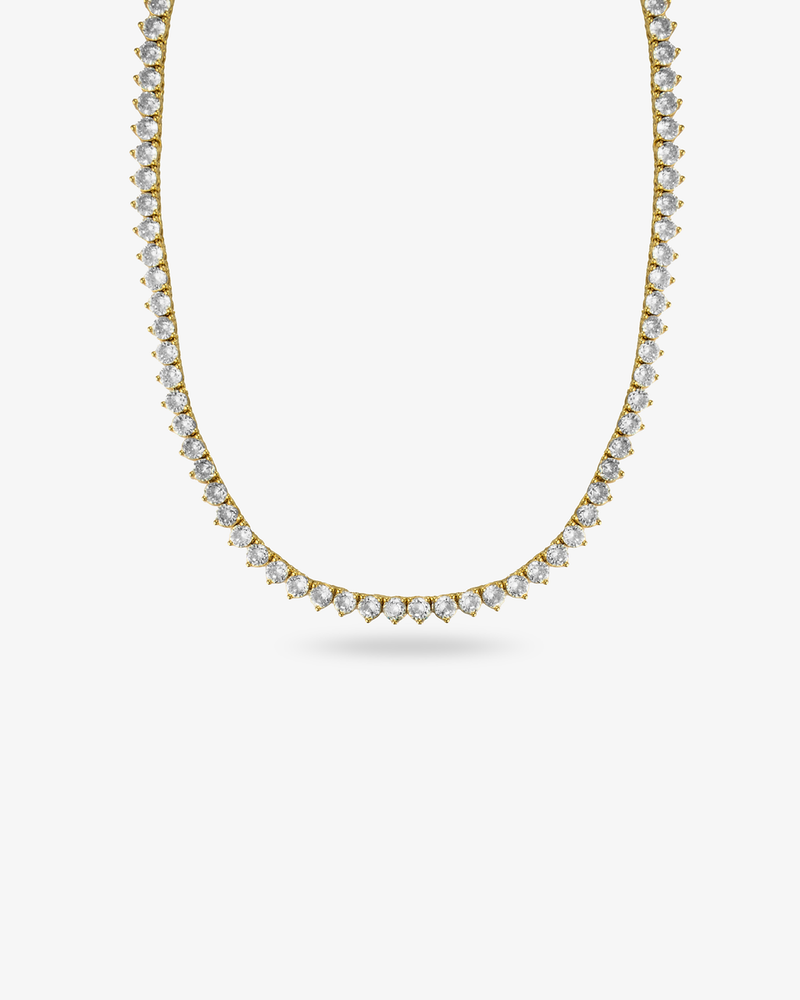 Gold round simulated diamond tennis necklace, alone product shot on a plain background.