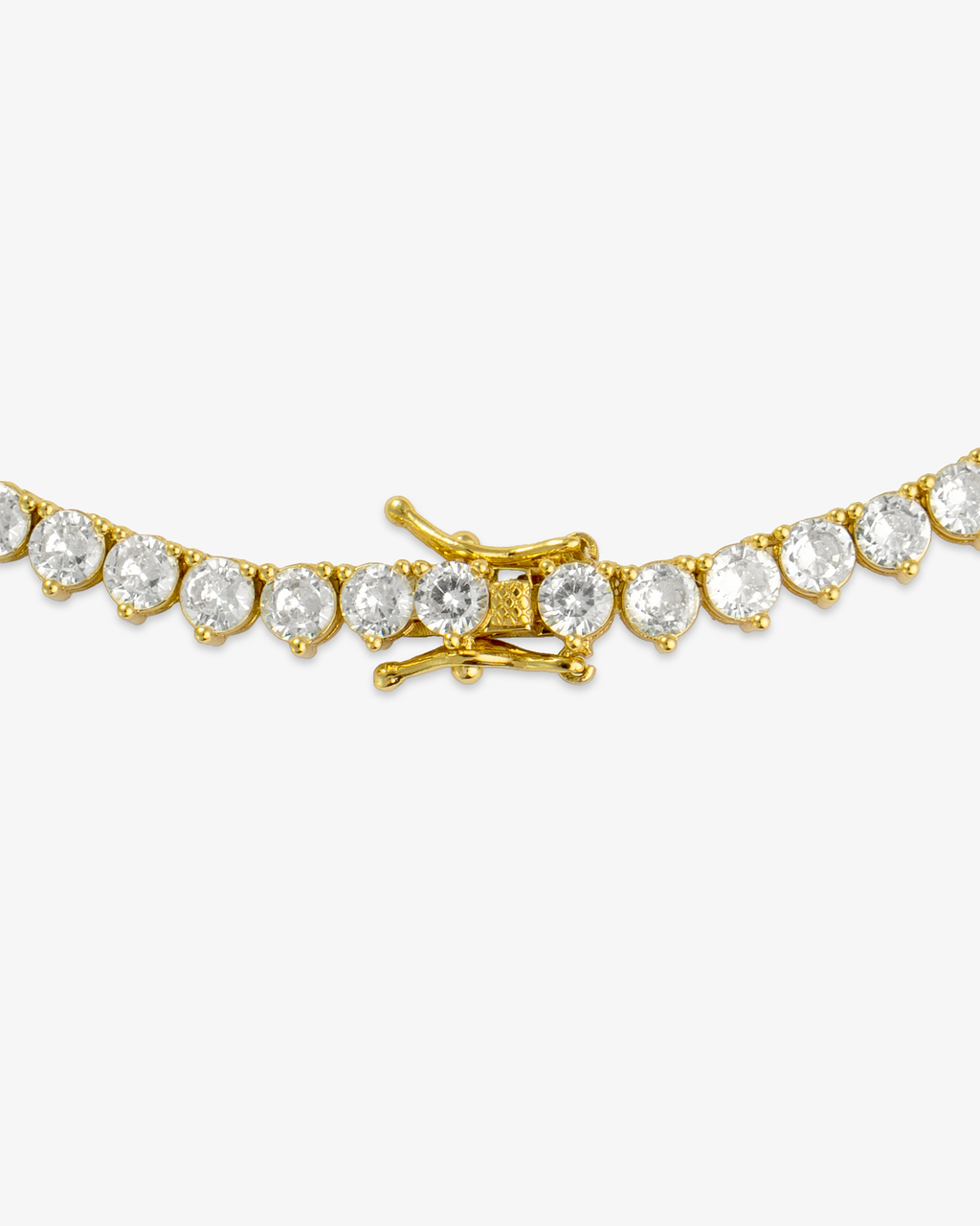 Gold round simulated diamond tennis necklace, alone close-up product shot of the clasp.