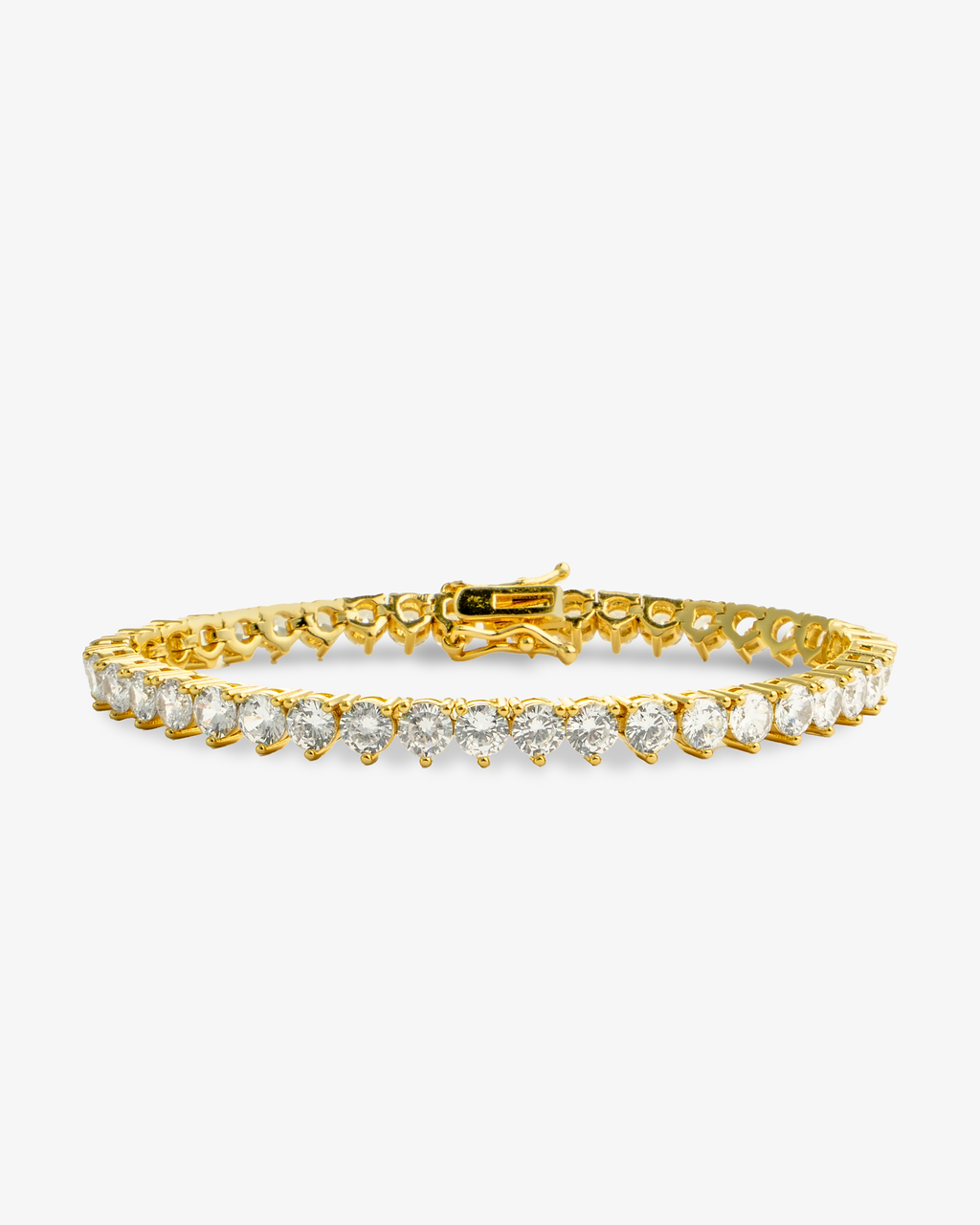 Gold round simulated diamond tennis bracelet, alone product shot on a plain background.