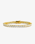 Gold round simulated diamond tennis bracelet, alone product shot on a plain background.