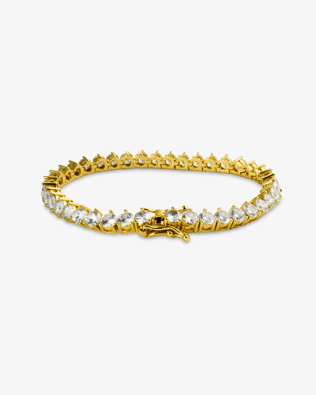 Gold round simulated diamond tennis bracelet, alone product shot from a different angle.