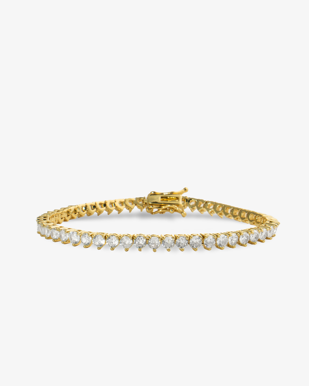 Gold three-prong simulated diamond tennis bracelet, alone product shot on a plain background.