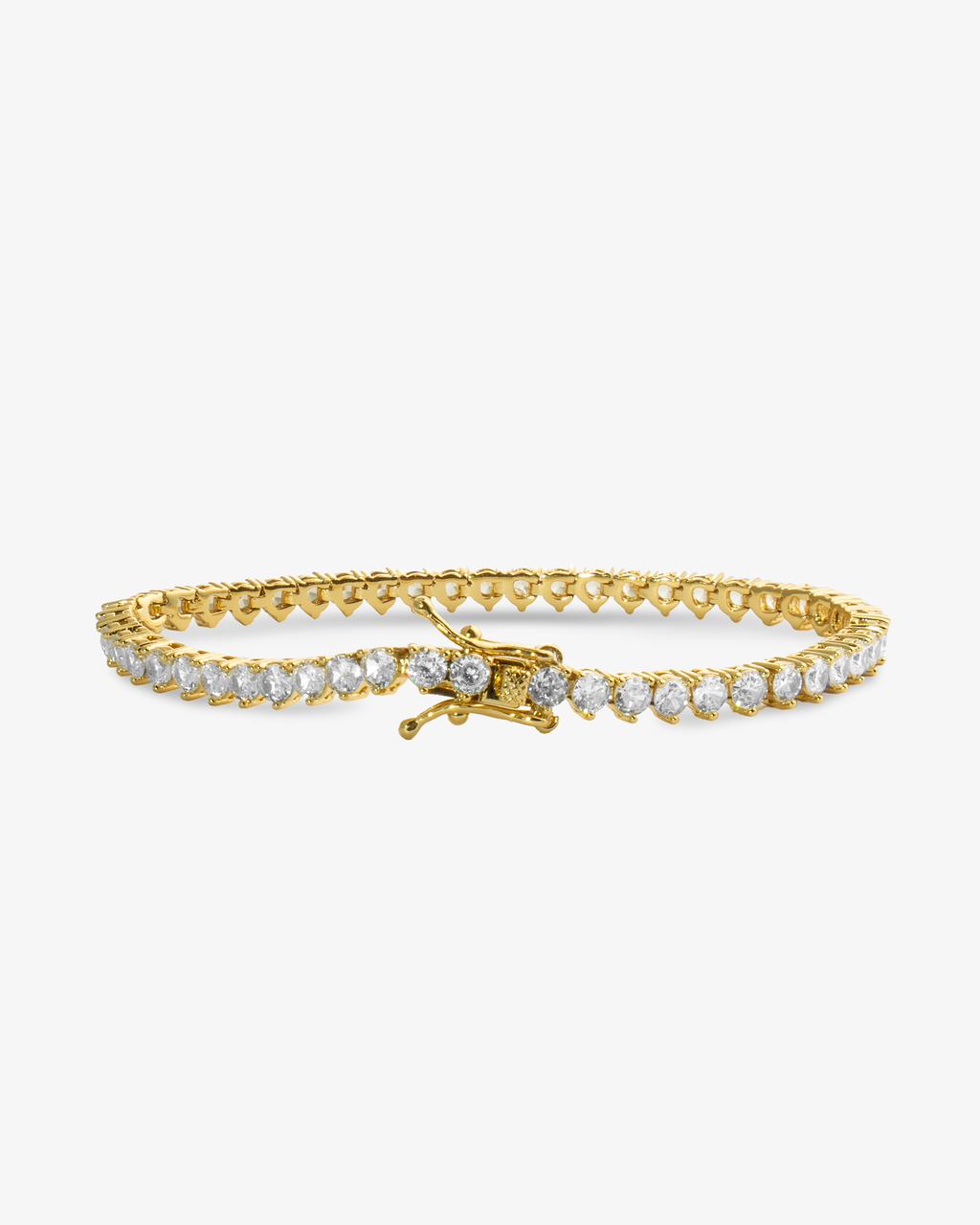 Gold three-prong simulated diamond tennis bracelet, alone product shot from a different angle.
