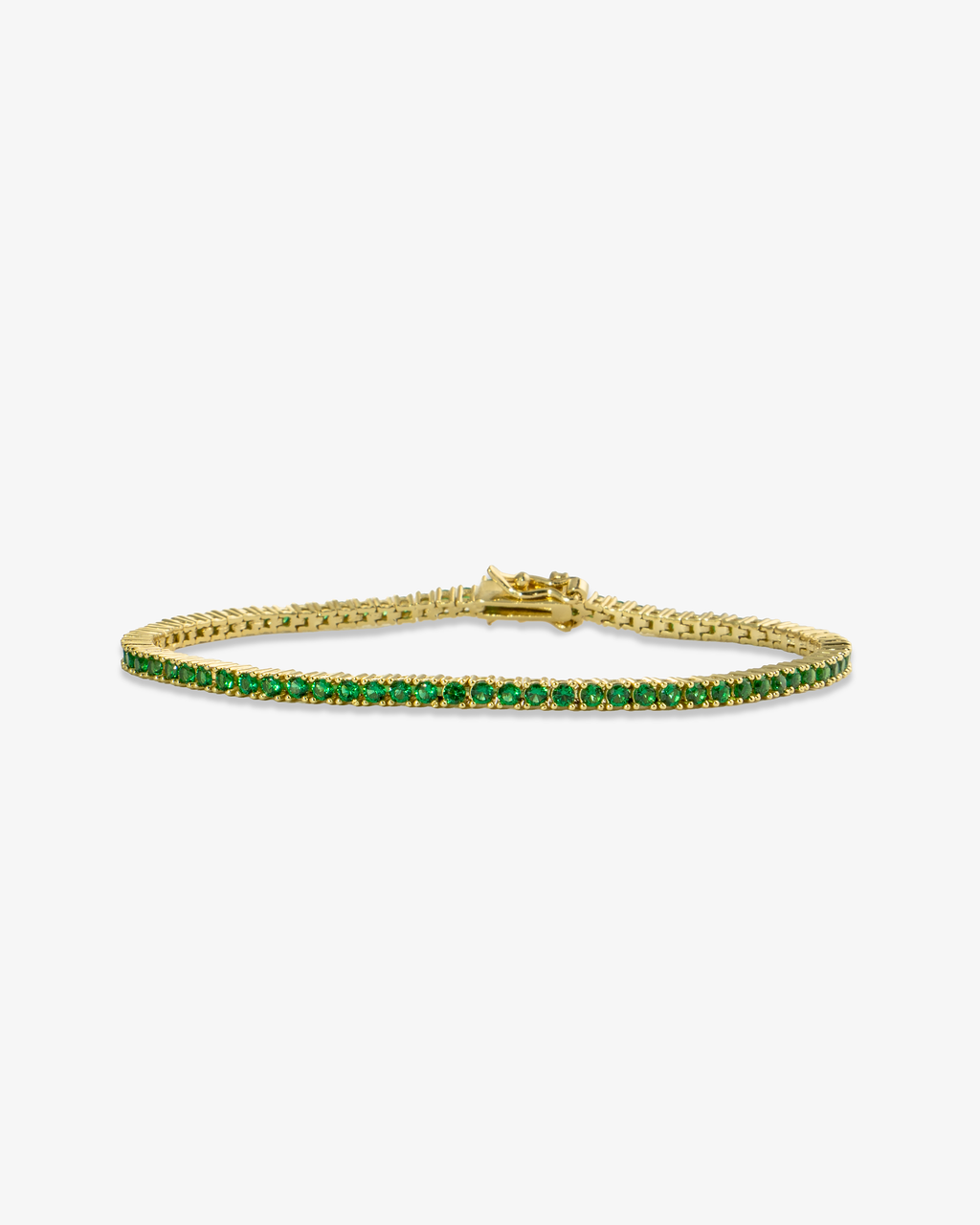 Gold tennis bracelet with multicolor simulated diamond stones, alone product shot on a plain background.