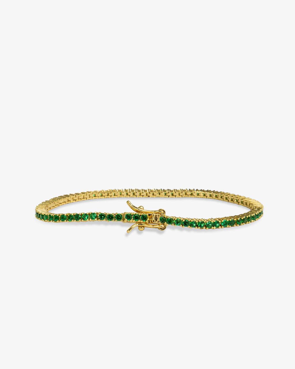 Gold tennis bracelet with multicolor simulated diamond stones, alone product shot from a different angle.