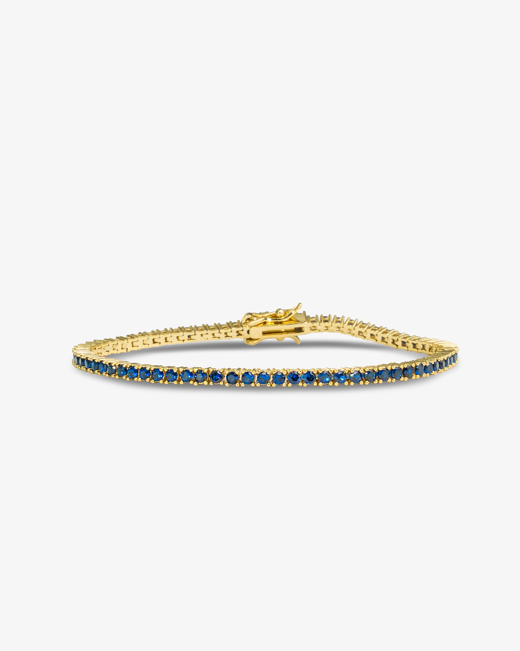 Gold tennis bracelet with multicolor simulated diamond stones, alone product shot from a different angle.