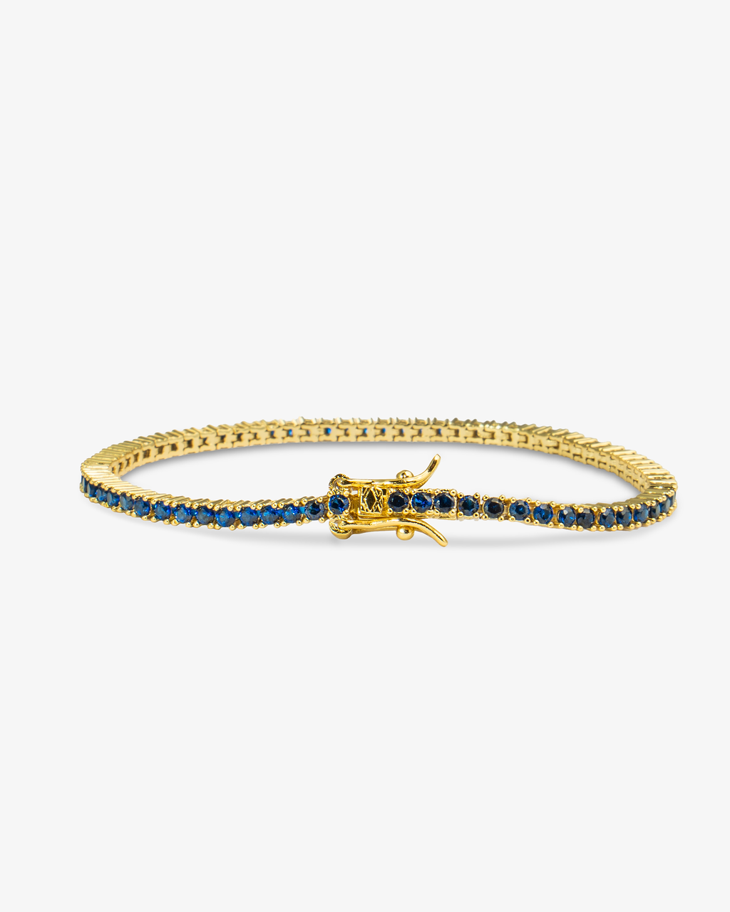Gold tennis bracelet with multicolor simulated diamond stones, alone product shot from a different angle.