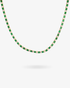 Tennis necklace with green emerald-colored simulated diamond stones, alone product shot on a plain background.