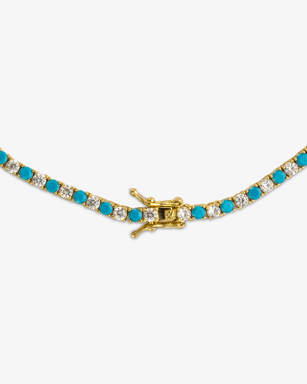 Gold tennis bracelet with teal colored stone detailing, alone product shot, bracelet laid out in an open stretched position.