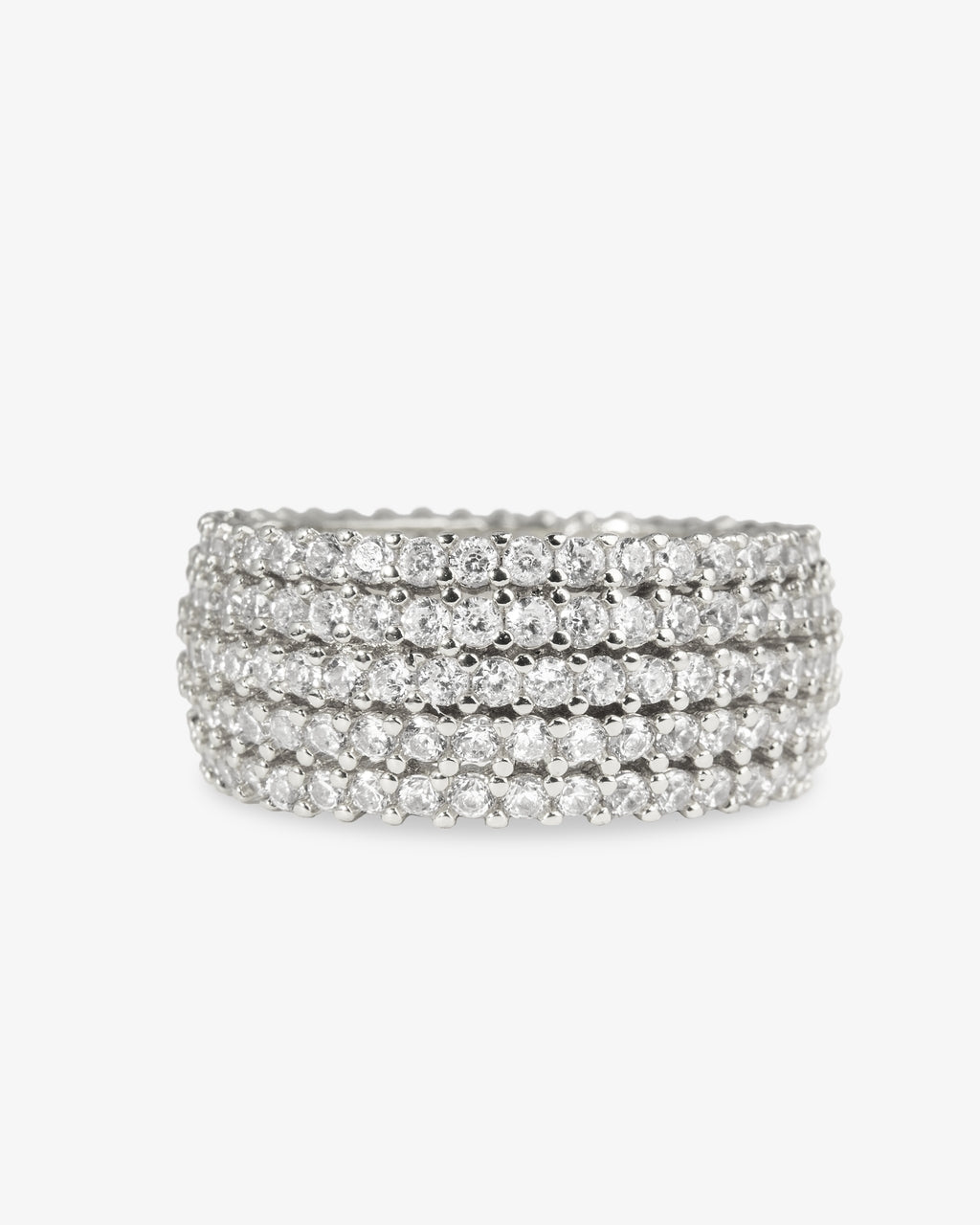 Silver chunky pave simulated diamond band ring, alone product shot on a plain background.