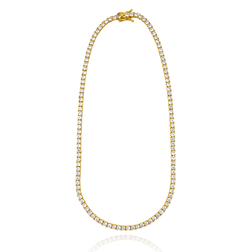 Gold plated tennis necklace with round cubic zirconia stones in continuous design, 3mm thickness, available in 15, 16 and 18 inch lengths