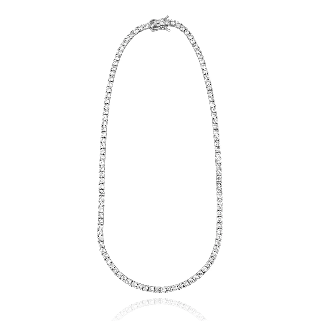 Rhodium plated tennis necklace with round cubic zirconia stones in continuous design, 3mm thickness, available in 15, 16 and 18 inch lengths