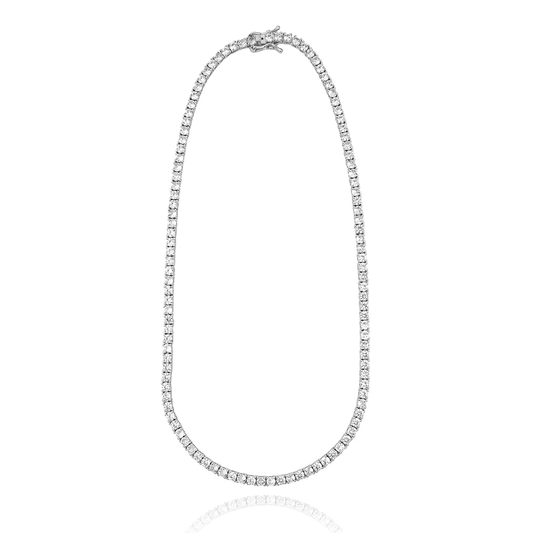 Rhodium plated tennis necklace with round cubic zirconia stones in continuous design, 3mm thickness, available in 15, 16 and 18 inch lengths