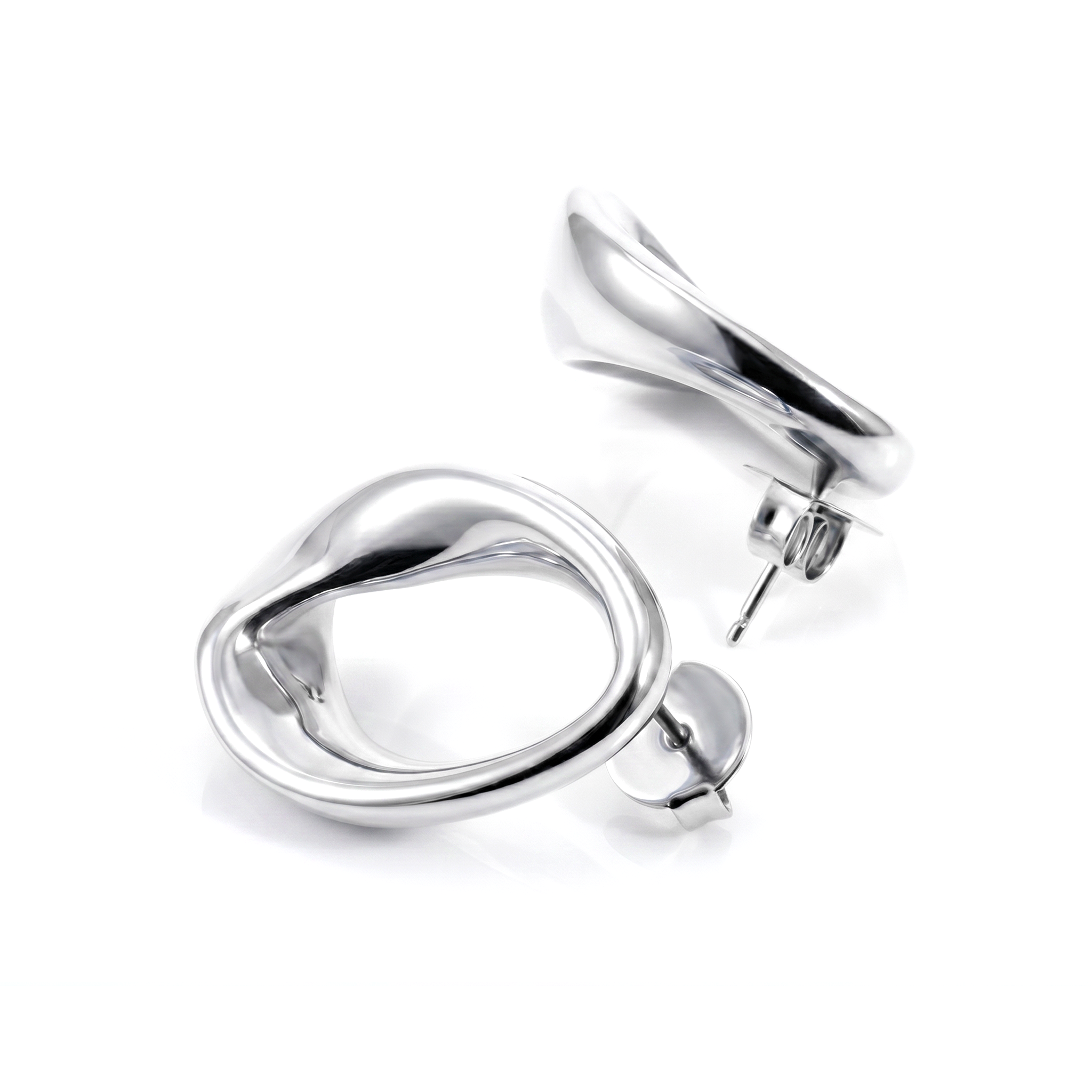 Abstract oval earrings available in gold plated and rhodium plated finishes with sculptural geometric design