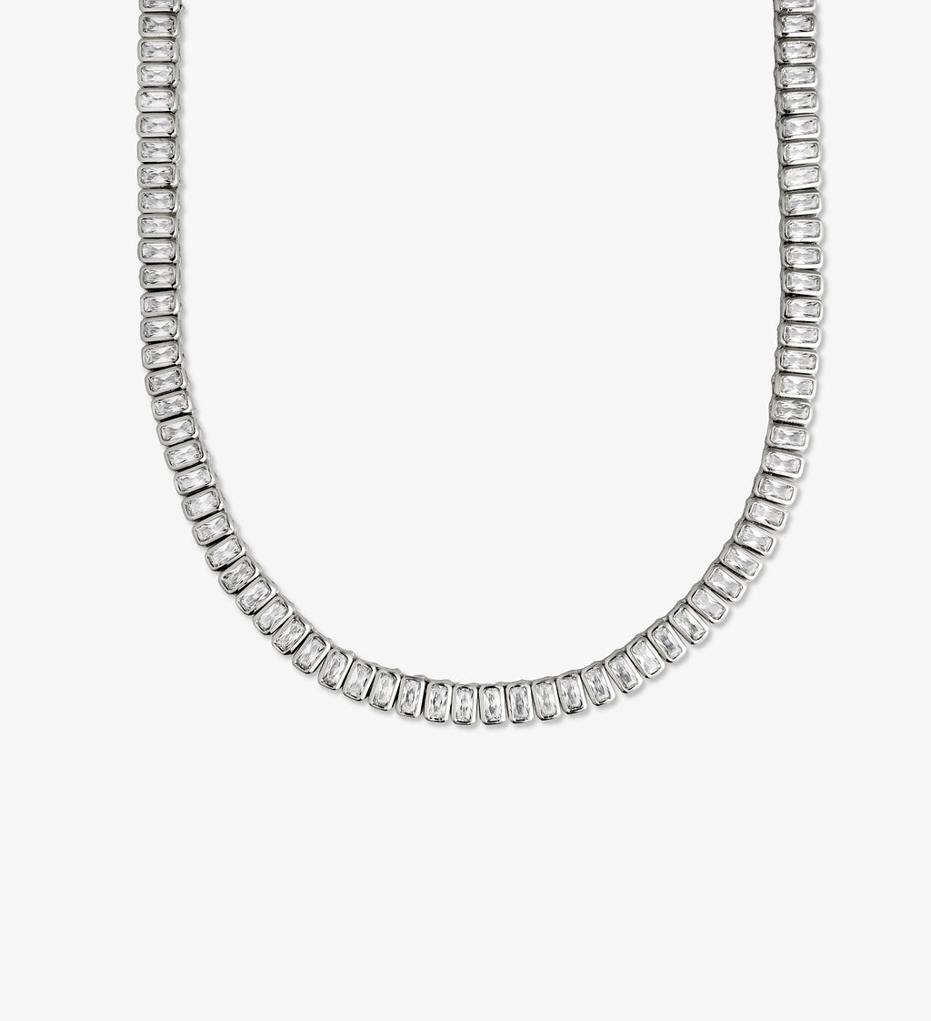Silver emerald-cut tennis choker necklace with rectangular clear stones