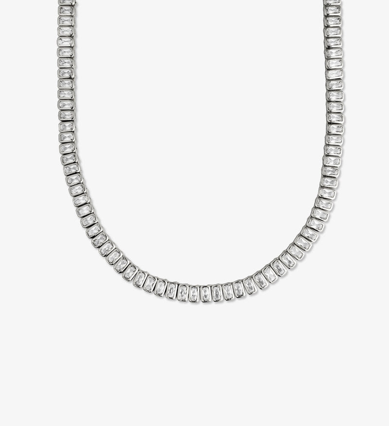 Silver emerald-cut tennis choker necklace with rectangular clear stones